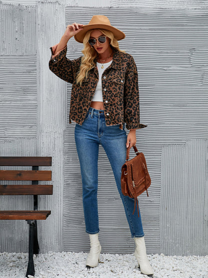 Autumn Casual Leopard Denim Collar Crop Jacket Denim Jackets - Chuzko Women Clothing