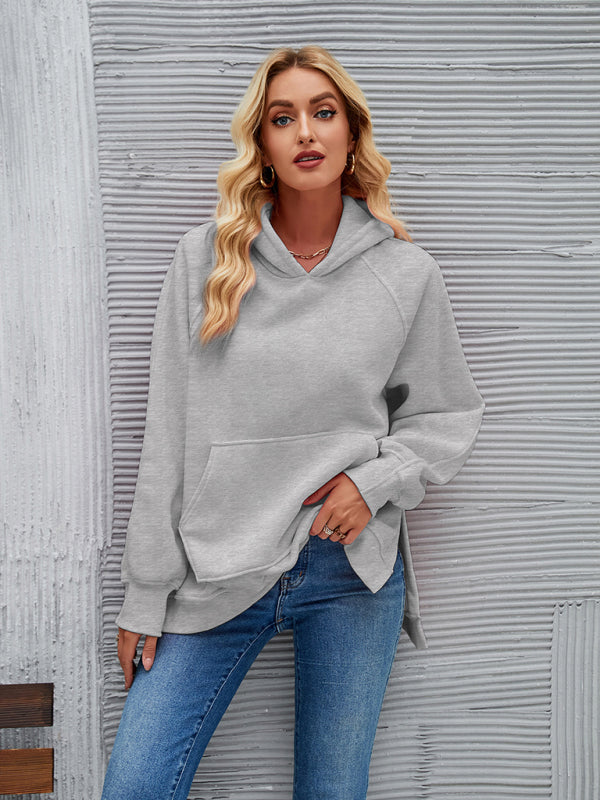 Solid Oversized Kangaroo Pocket Sweatshirt Hoodie with Slits Hoodies - Chuzko Women Clothing