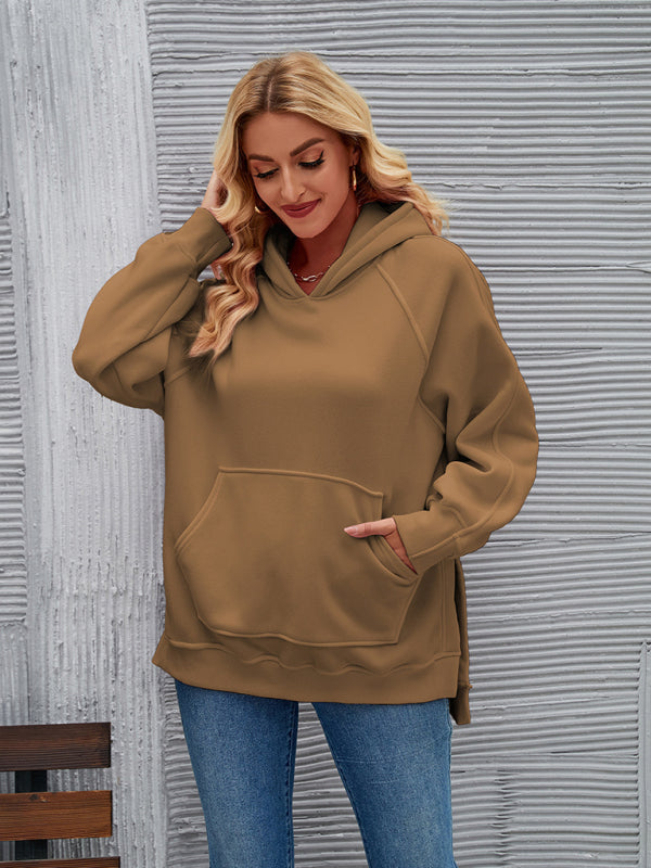 Solid Oversized Kangaroo Pocket Sweatshirt Hoodie with Slits Hoodies - Chuzko Women Clothing