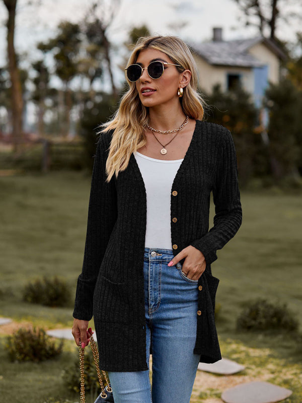 Ribbed Knitted Button-Up Patch Pockets Cardigan Cardigans - Chuzko Women Clothing