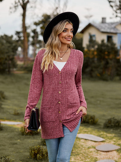 Ribbed Knitted Button-Up Patch Pockets Cardigan Cardigans - Chuzko Women Clothing