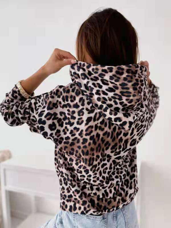 Leopard Print Kangaroo Pocket Hooded Sweatshirt Hoodies - Chuzko Women Clothing