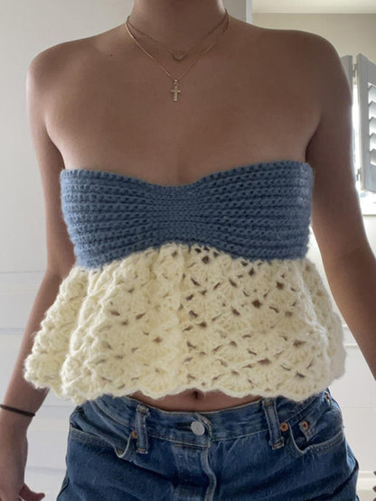 Crochet Strapless Peplum Lace-Up Tube Top Crochet Tops - Chuzko Women Clothing