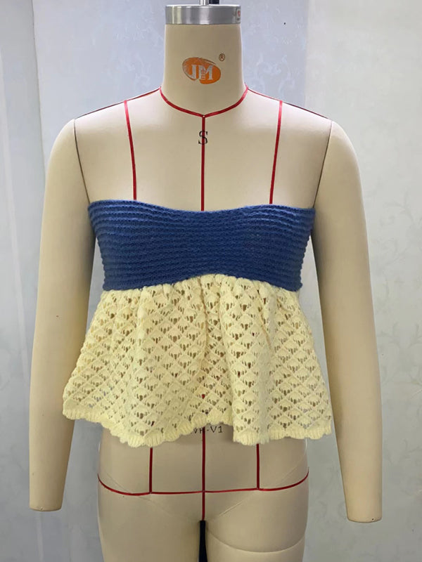 Crochet Strapless Peplum Lace-Up Tube Top Crochet Tops - Chuzko Women Clothing