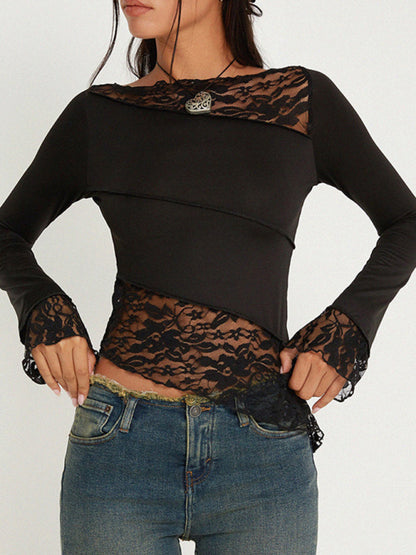 Solid Patched Lace Long Sleeve Boatneck Top T-Shirts - Chuzko Women Clothing