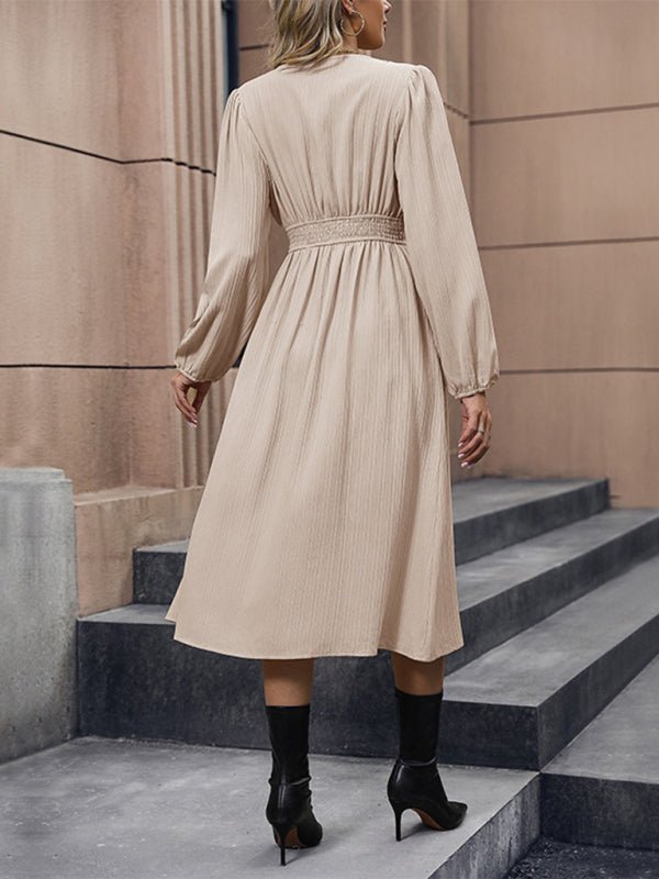 Textured Lantern Sleeve V-Neck Midi Dress Midi Dresses - Chuzko Women Clothing