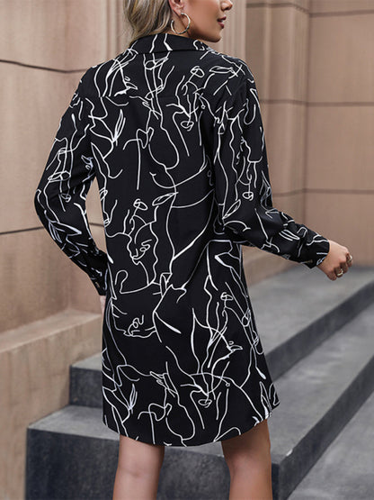 Business Art Print Long Sleeve Button Knot Front Shirt Dress Shirt Dresses - Chuzko Women Clothing