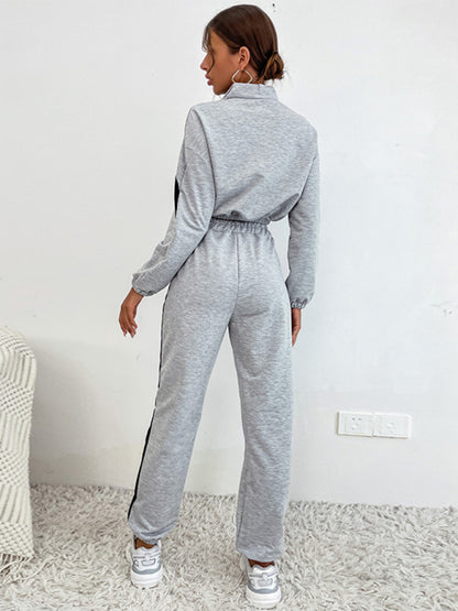 Cotton Blend Patched Colors Tracksuit Crop Sweatshirt and Joggers Tracksuits - Chuzko Women Clothing