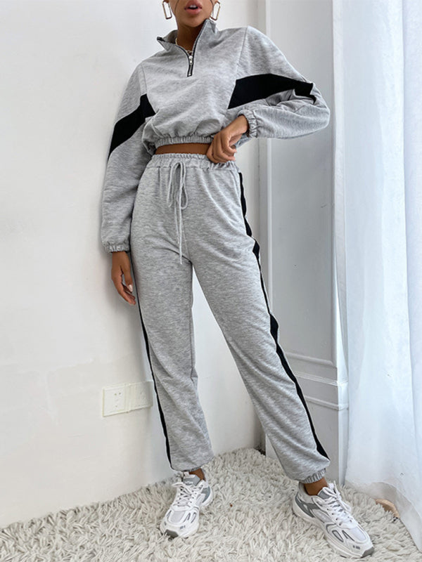 Cotton Blend Patched Colors Tracksuit Crop Sweatshirt and Joggers Tracksuits - Chuzko Women Clothing