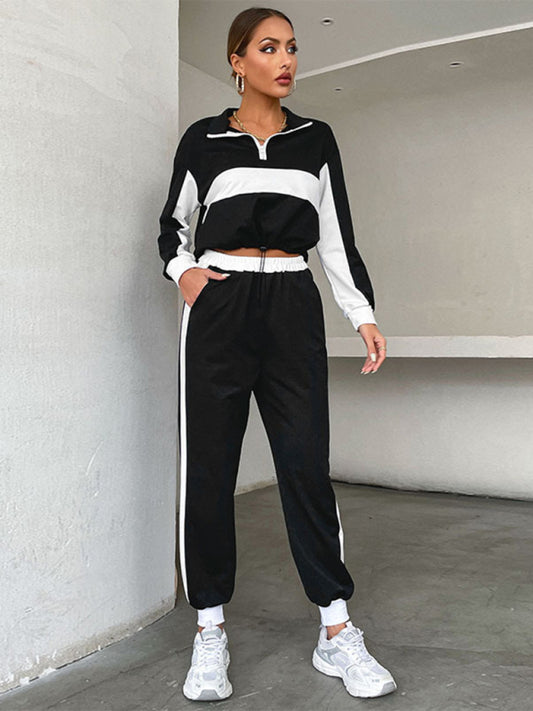 2-Piece Street Tracksuit Sport Sweatpants and Half Zip-Up Crop Sweatshirt Sport Outfits - Chuzko Women Clothing