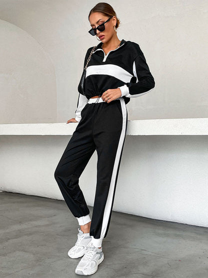 2-Piece Street Tracksuit Sport Sweatpants and Half Zip-Up Crop Sweatshirt Sport Outfits - Chuzko Women Clothing