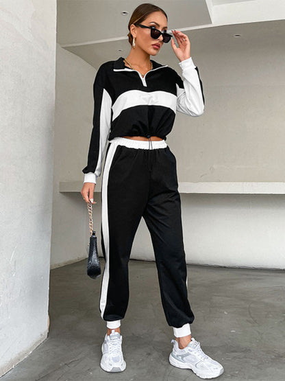 2-Piece Street Tracksuit Sport Sweatpants and Half Zip-Up Crop Sweatshirt Sport Outfits - Chuzko Women Clothing