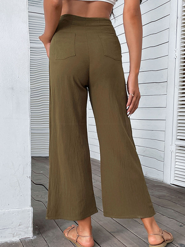 Solid High Rise Cotton Blend Culotte Pants with Button-Up Pants - Chuzko Women Clothing