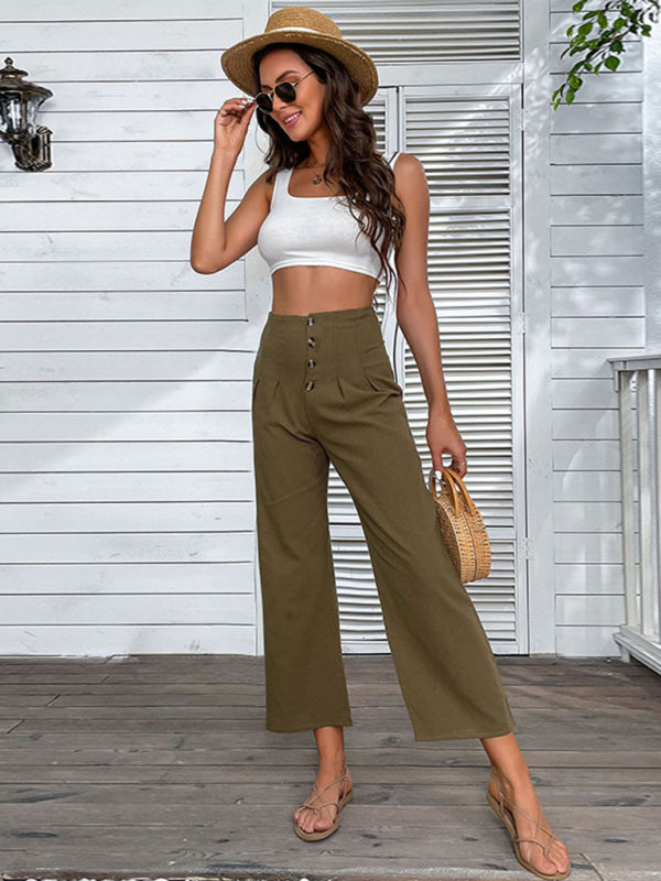 Solid High Rise Cotton Blend Culotte Pants with Button-Up Pants - Chuzko Women Clothing