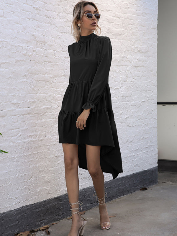 Solid Tiered Long Sleeve High-Neck Mini Dress with Tail Tiered Dresses - Chuzko Women Clothing