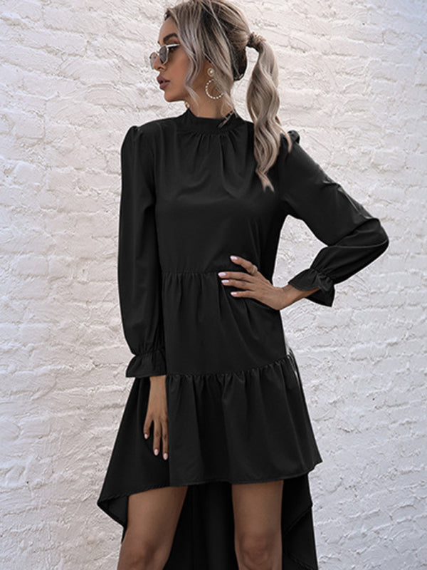 Solid Tiered Long Sleeve High-Neck Mini Dress with Tail Tiered Dresses - Chuzko Women Clothing