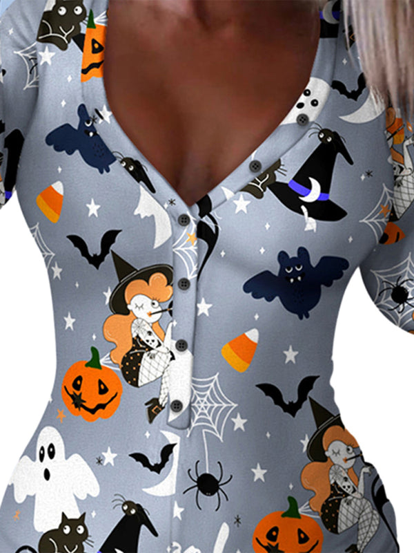 Spooky Halloween Lounge Long Sleeve Romper Jumpsuits - Chuzko Women Clothing