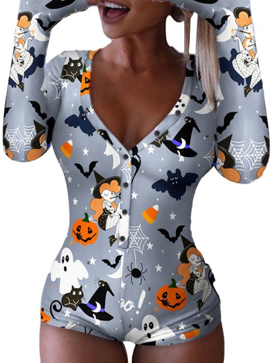 Spooky Halloween Lounge Long Sleeve Romper Jumpsuits - Chuzko Women Clothing