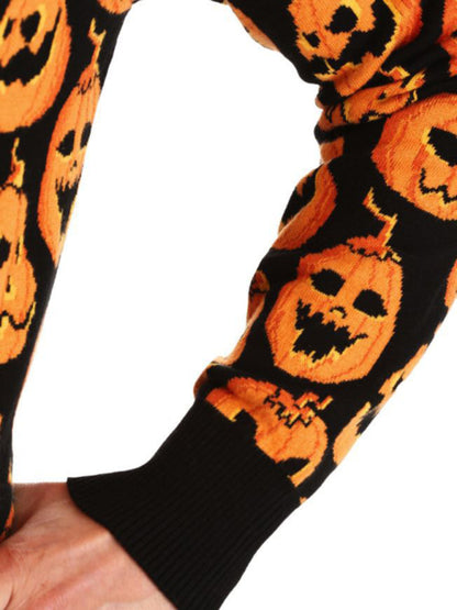 Spooky Halloween Knitted Ghost Face Pumpkins Sweater Sweaters - Chuzko Women Clothing