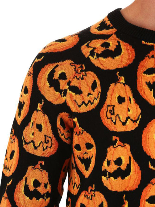 Spooky Halloween Knitted Ghost Face Pumpkins Sweater Sweaters - Chuzko Women Clothing