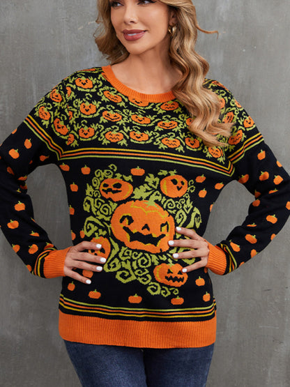 Spooky Halloween Knitted Pumpkins Ugly Sweater Sweaters - Chuzko Women Clothing