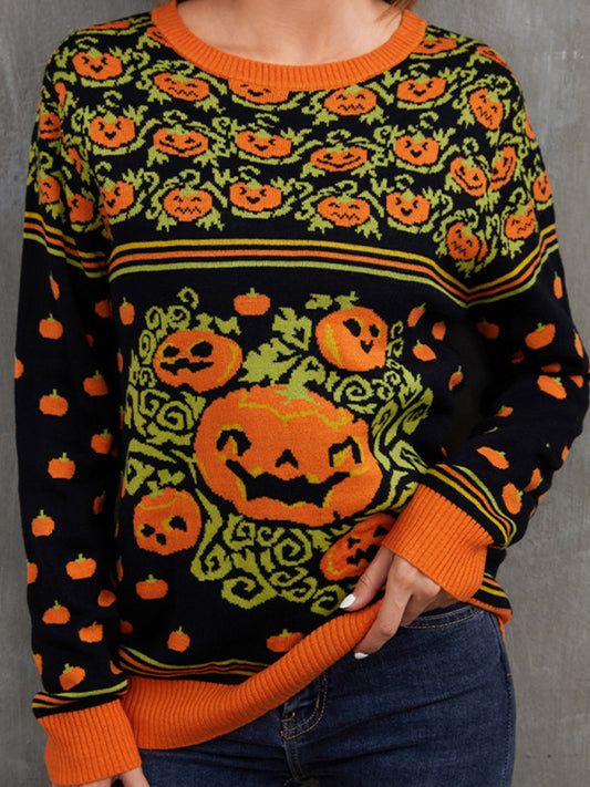 Spooky Halloween Knitted Pumpkins Ugly Sweater Sweaters - Chuzko Women Clothing