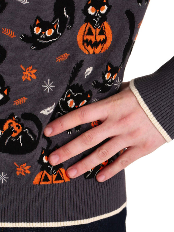 Women’s Halloween Knitted Pumpkins Ugly Black Cat Sweater Sweaters - Chuzko Women Clothing