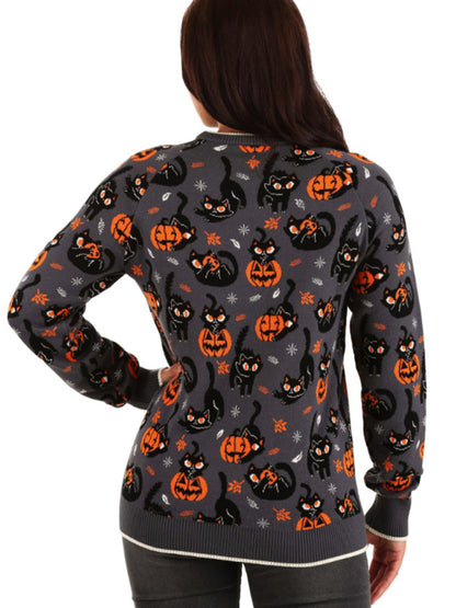 Women’s Halloween Knitted Pumpkins Ugly Black Cat Sweater Sweaters - Chuzko Women Clothing