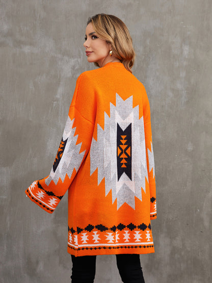Aztec Knitted Open Front Coat Duster Cardigan Cardigans - Chuzko Women Clothing