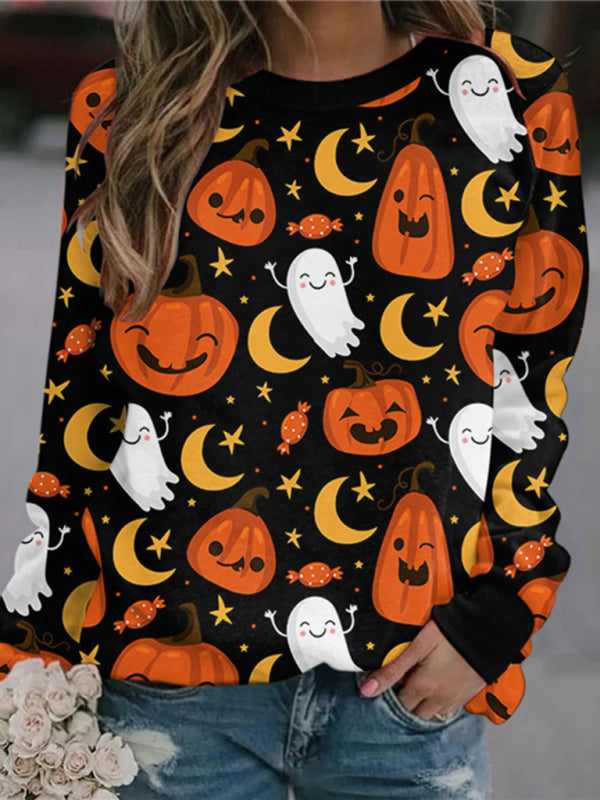 Spooky Halloween Black Ghost Face Pumpkin Sweatshirt Sweatshirts - Chuzko Women Clothing