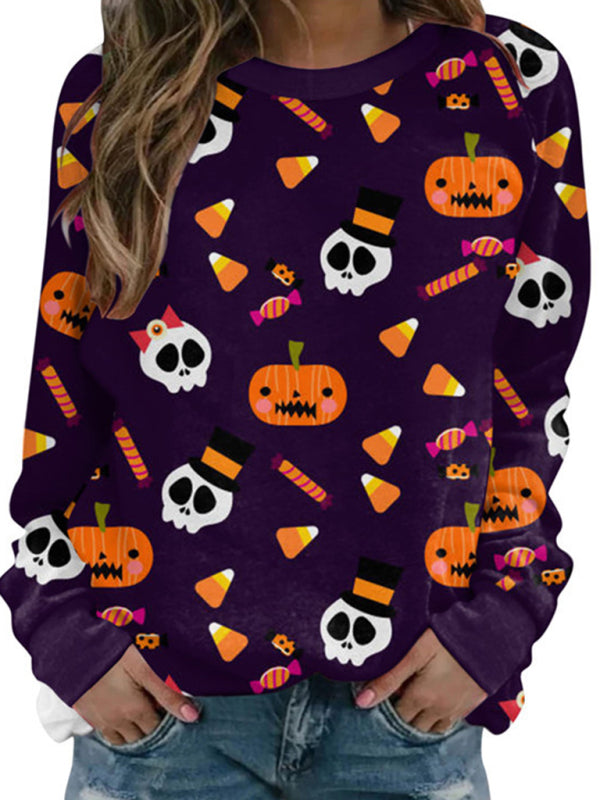 Spooky Halloween Black Ghost Face Pumpkin Sweatshirt Sweatshirts - Chuzko Women Clothing