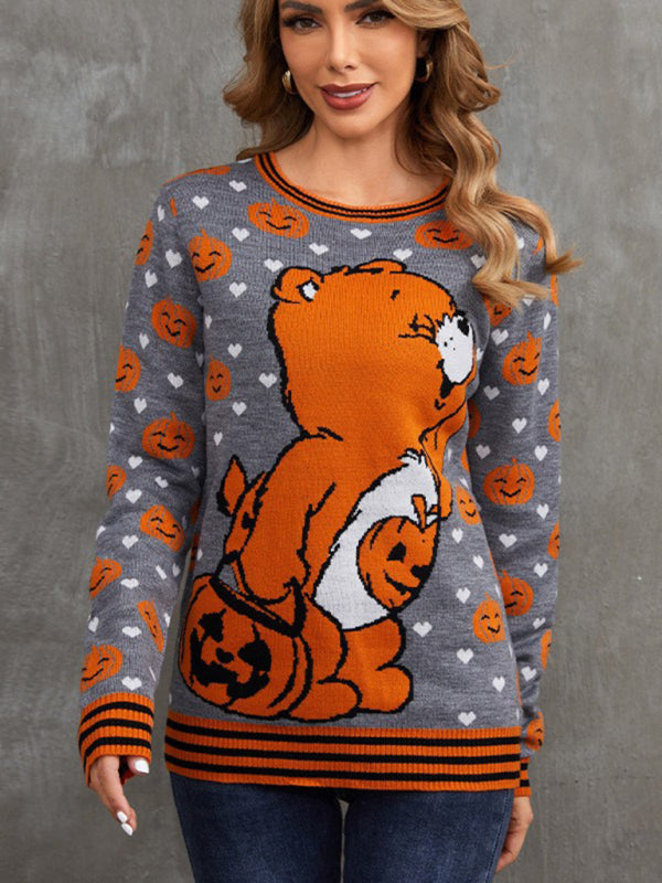 Women’s Halloween Knitted Bears Pumpkins Ugly Sweater Swaters - Chuzko Women Clothing
