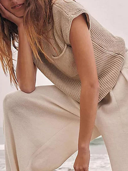Relax Rib-Knit Cap Sleeve Crop Sweater Crop Tops - Chuzko Women Clothing