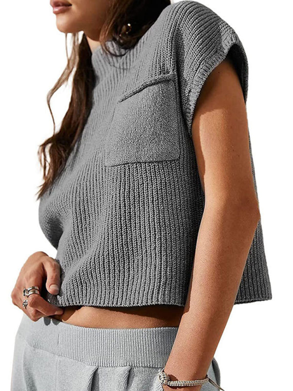 Relax Rib-Knit Cap Sleeve Crop Sweater Crop Tops - Chuzko Women Clothing