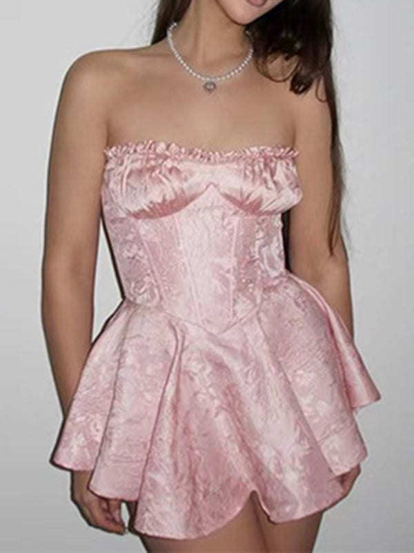 Rose Jacquard Tube Corset Flare Mini Dress Corset Dresses - Chuzko Women Clothing