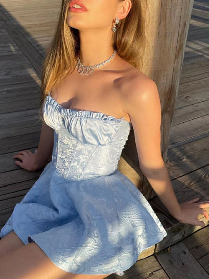Rose Jacquard Swing Tube Bustier Mini Dress Princesscore Dress - Chuzko Women Clothing