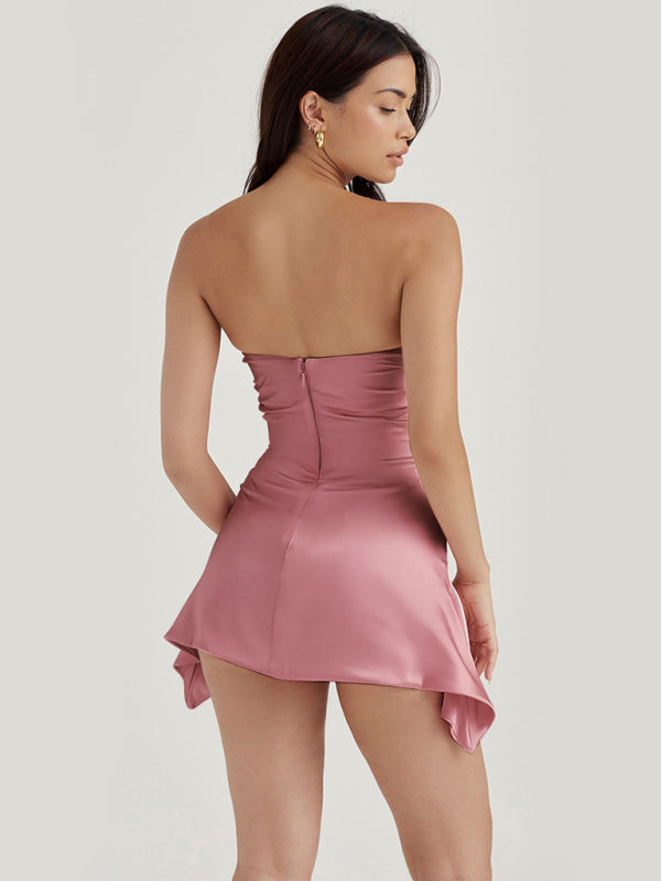 Elegant Satin Silky Corset Draped Mini Dress Party Dresses - Chuzko Women Clothing