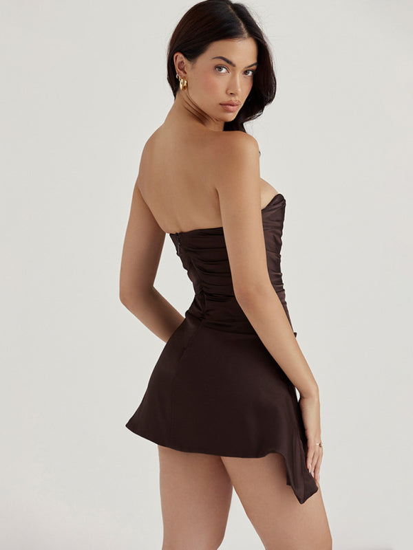 Elegant Satin Silky Corset Draped Mini Dress Party Dresses - Chuzko Women Clothing