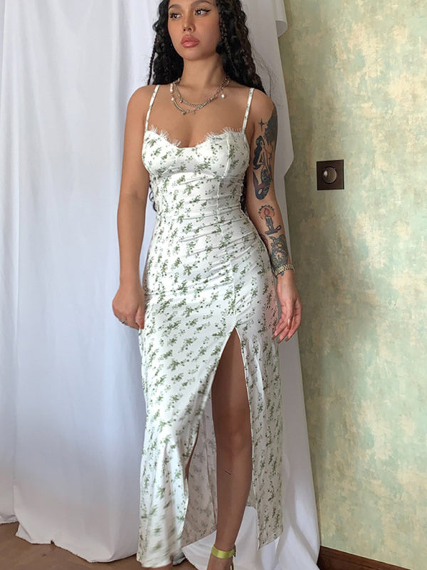 Floral Fitted Split Thigh Bustier Cami Midi Dress Cami Midi Dress - Chuzko Women Clothing