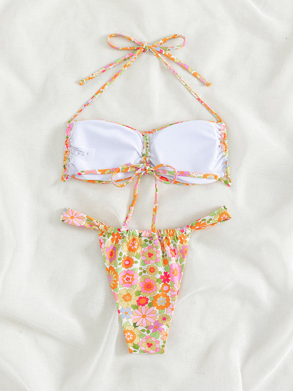 Floral 2 Piece High Hips Thong and Wireless Bra Bikini Swimwear - Chuzko Women Clothing