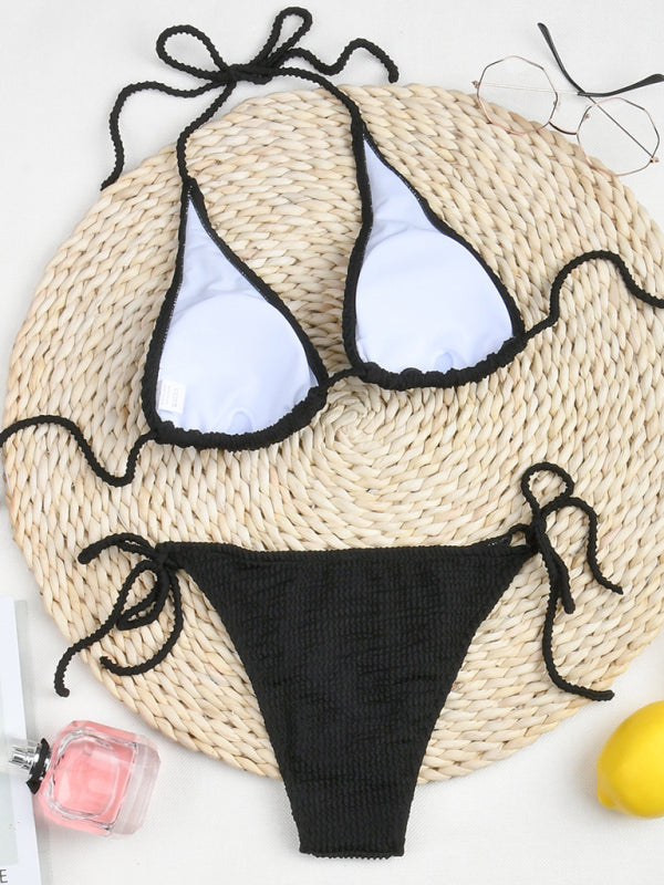 Textured 2 Piece Bikini Wireless Halter Bra and Tie-Side Bottoms 2 Piece Swimwear - Chuzko Women Clothing