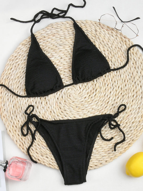 Textured 2 Piece Bikini Wireless Halter Bra and Tie-Side Bottoms 2 Piece Swimwear - Chuzko Women Clothing