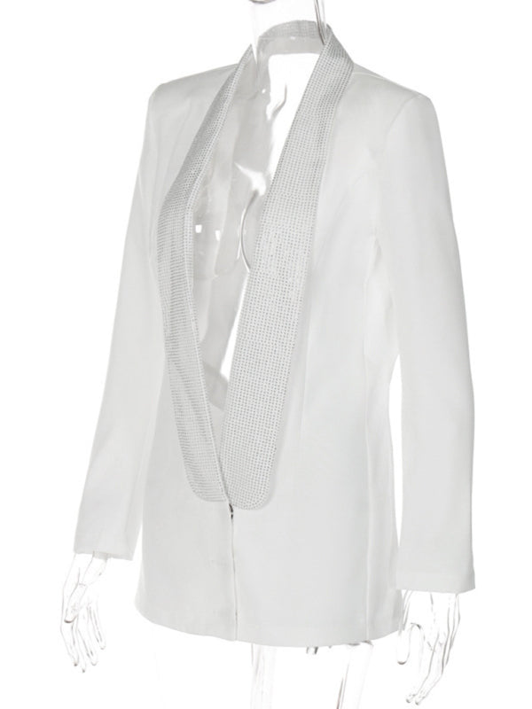 Elegant Solid Beaded Plunge Shawl Collar Bare Back Blazer Dress Blazer Dresses - Chuzko Women Clothing