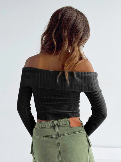 Solid Rib-Knit Off-Shoulder Long Sleeve Crop Sweater Crop Sweaters - Chuzko Women Clothing