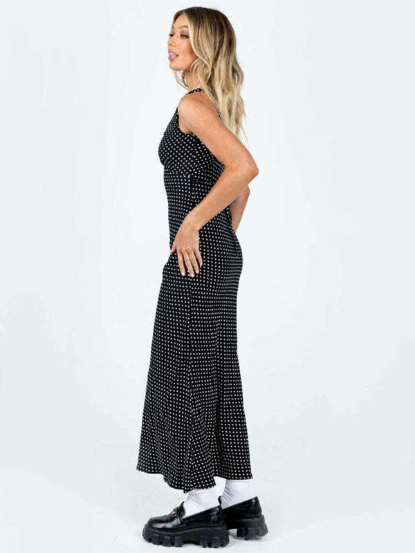 Polka Dot V-Neck Fishtail Maxi Dress Mermaid Dresses - Chuzko Women Clothing