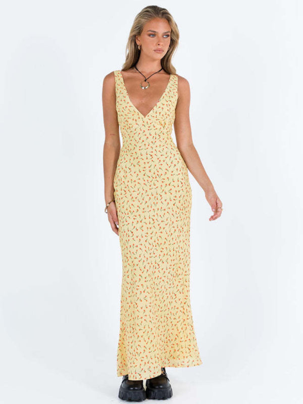 Polka Dot V-Neck Fishtail Maxi Dress Mermaid Dresses - Chuzko Women Clothing