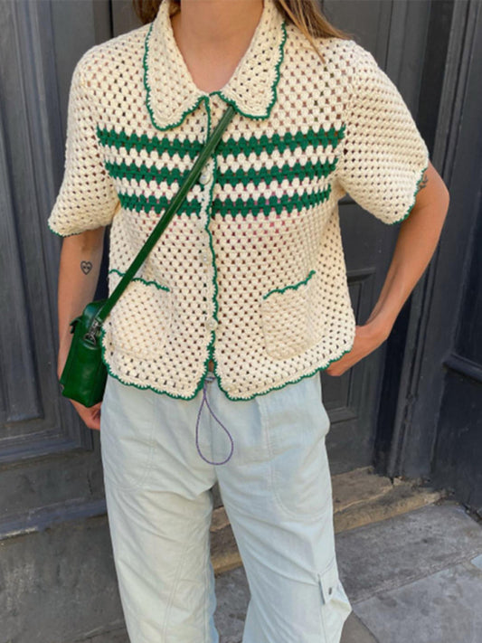 Contrast Binding Crochet Short Sleeve Shirt Sweater Shirt sweaters - Chuzko Women Clothing
