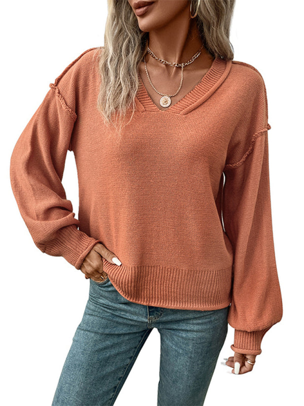 Solid Knit Drop Sleeve Expose Seam Sweater Jumper Sweaters - Chuzko Women Clothing