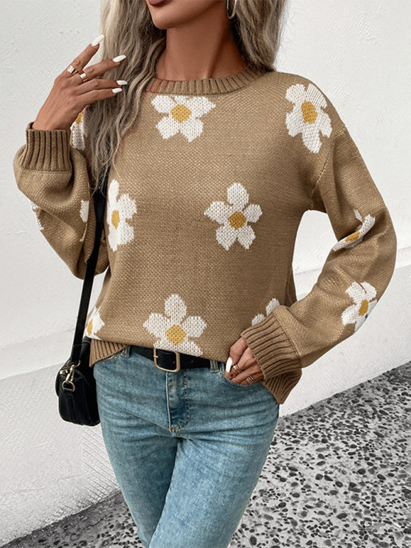 Autumn Floral Knitted Drop Shoulder Sweater Jumper Sweaters - Chuzko Women Clothing