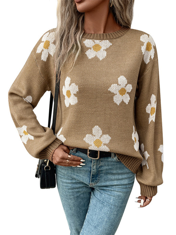 Autumn Floral Knitted Drop Shoulder Sweater Jumper Sweaters - Chuzko Women Clothing